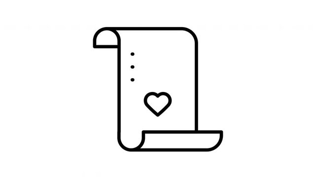 Animated Black outline scroll paper with text lines and romantic heart icon suits love letters, wedding cards, stationery, and valentine designs.