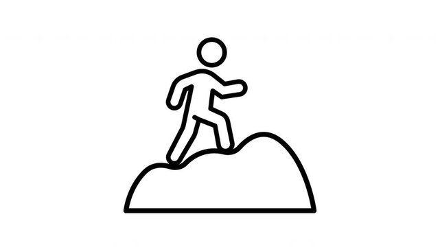 Animated Black hiking figure climbing mountain icon minimalist graphic design symbol art pictogram.