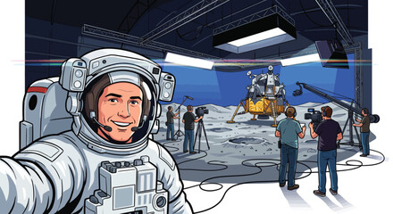 Astronaut in studio setting with lunar lander and film crew vector illustration © Jenia