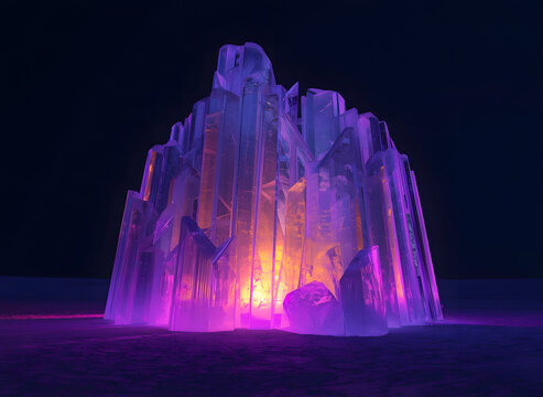 Futuristic Abstract Ice Sculpture in Deep Violet Snowscape with Golden Rim Light