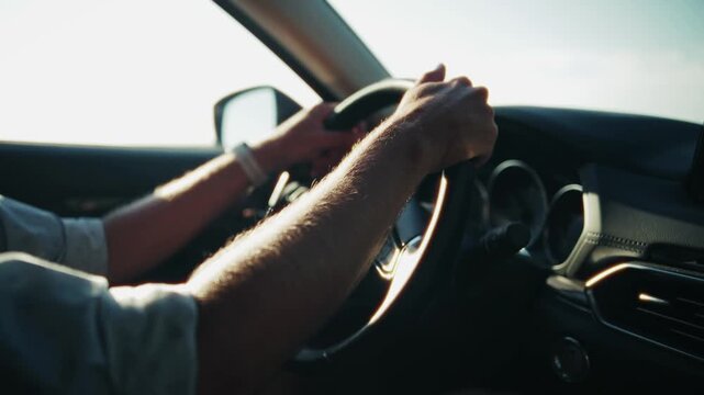 Driver Holding Steering Wheel While Navigating Vehicle On Highway