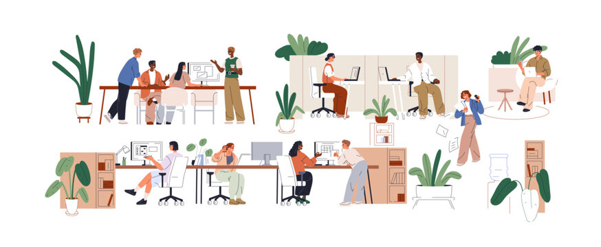 Business team at work in office, flat vector people. Man and woman work together at office desk, business meeting at conference table, employee team discussion. Flat vector illustrations set isolated.