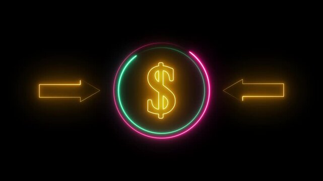 Abstract glowing neon line of dollar sign icon with direction left right arrow icon isolated on transparent background. dollar increase and cost increase symbol in line and silhouette style isolated.