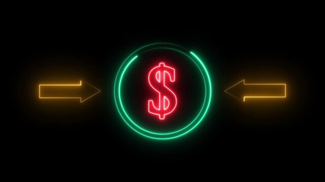 Abstract glowing neon line of dollar sign icon with direction left right arrow icon isolated on transparent background. dollar increase and cost increase symbol in line and silhouette style isolated.