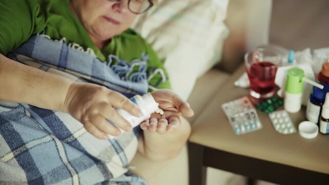 Patient Lying In Bed And Taking Medication For Illness Treatment