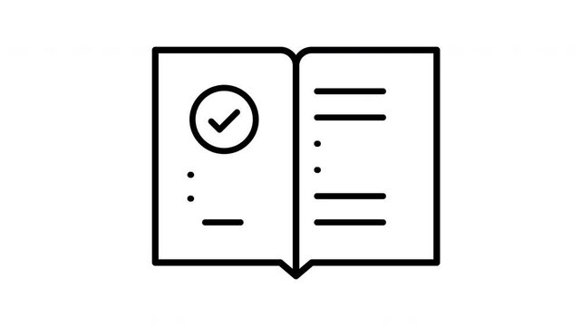 Animated minimalist openbook icon with checkmark, lined pages, and black outlines, ideal for education, reading, approvals, learning platforms, and editorial designs.