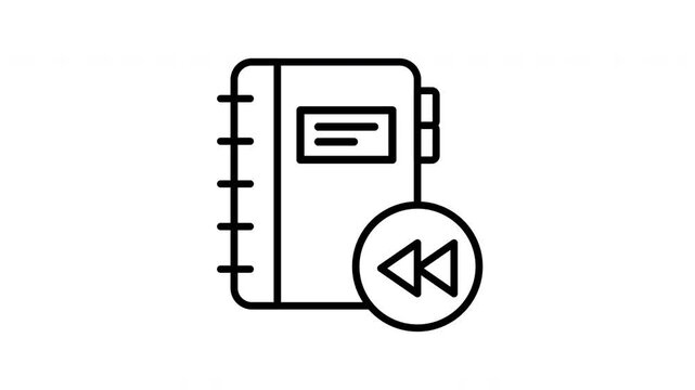 Animated bound notebook icon features rewind arrows alongside paper dividers plus spiral bindings.