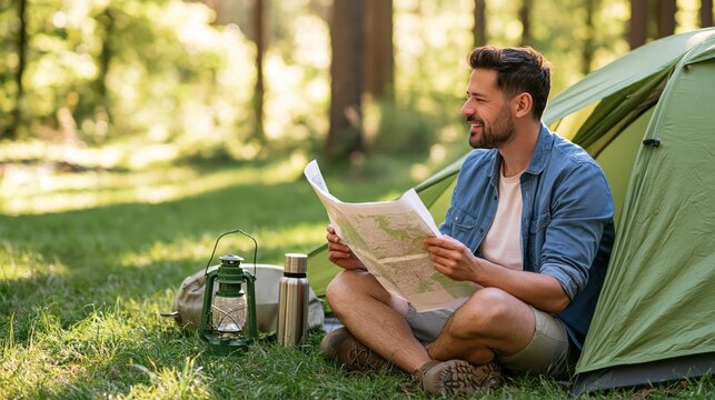 Hiker studies a paper map beside his tent during a peaceful woodland camping trip
