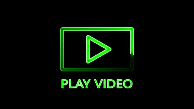 neon play video button icon animation with rounded rectangle on black background.