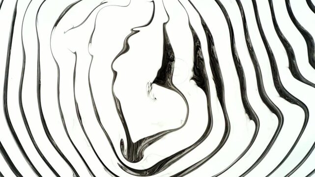 Concentric rings of black ink on water bending into wavy stripes, Japanese suminagashi marbling from above. Backlit monochrome pattern forming, real time 4K.