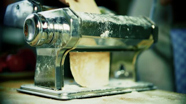 Pasta Dough Being Rolled Through Metal Machine On Table Dusted With Flour