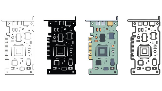 Collection of four different graphic illustrations of electronic circuit boards with various styles