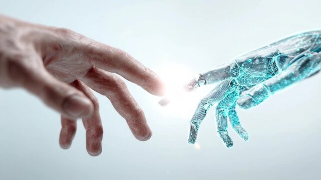 Human hand and robotic digital AI hand reaching out to touch with glowing light pulse on a white background