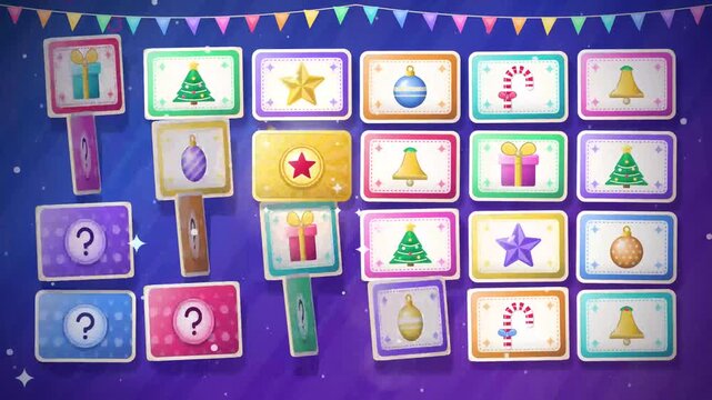 Colorful Christmas matching game screen vector illustration with holiday icons and festive puzzle elements