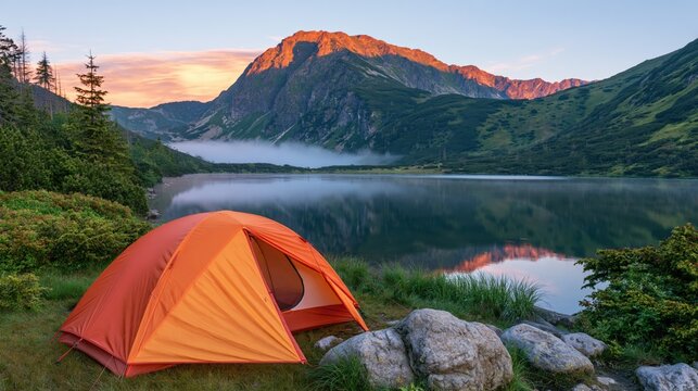 Orange tent beside a calm alpine lake beneath sunset-lit mountains in a remote wilderness