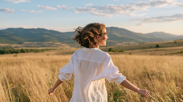 Woman runs through a sunlit meadow with arms outstretched against a mountain landscape