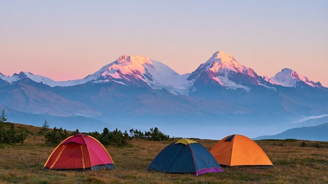 Three colorful tents overlook snow-covered peaks on a high alpine plateau at sunrise