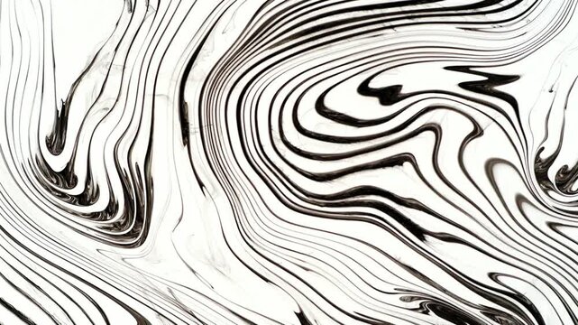 Top view of black ink stripes flowing slowly across a water surface, Japanese suminagashi marbling. Backlit monochrome wood grain like pattern, real time 4K.