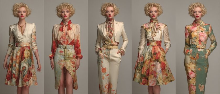 A collage of five models wearing vintage floral outfits against a plain background.