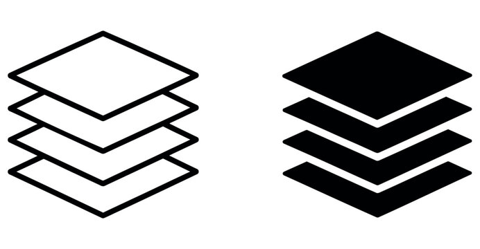 Isometric layers stack vector icon set in outline and solid black design for graphic apps.