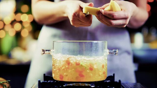 Cook Adding Chopped Potato Pieces Into Boiling Soup Inside Glass Pot On Stove