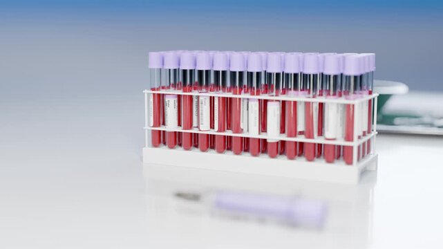 Blood test lab loop tubes rack syringe samples clinic diagnostics purple capped vials with rack focus ideal for laboratory websites clinic ads health checkup promos and hematology reports