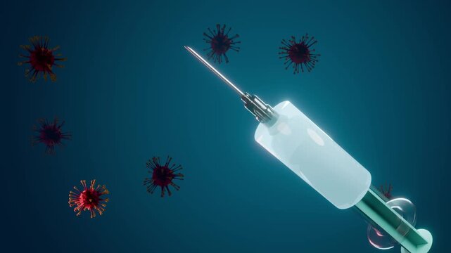 Vaccine syringe virus defense loop injection immunization needle vaccination pharma teal syringe among red viruses ideal for vaccination campaigns pharmacy ads public health news and clinic websites