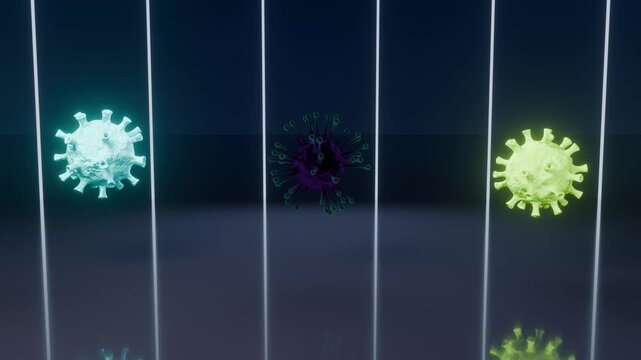 Virus variants lineup mirror loop mutation strains glowing green cyan virions pass light bars on a mirror floor ideal for news reports mutation explainers vaccine campaigns and science presentations