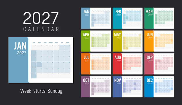 Year 2027 colorful minimalist monthly calendar on black background. Week starts Sunday. Vector template.