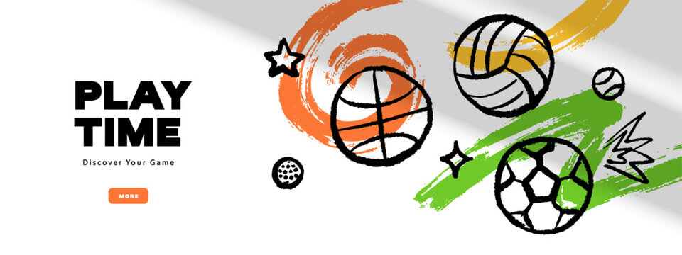 Sports banner with hand drawn crayon basketball, soccer, volleyball and tennis balls with brush strokes. Play time activity template concept. Vector isolated illustration