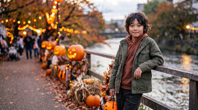 ハロウィンの飾りが並ぶ川沿いの道を歩く男の子 ｜ 夕暮れの光