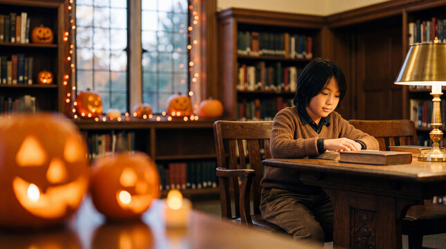 ハロウィンの飾りに囲まれた図書館で読書する男の子 ｜ ランプの光