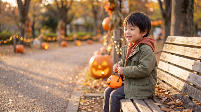 秋の公園のベンチでカボチャのバケツを持つ男の子 ｜ 木漏れ日