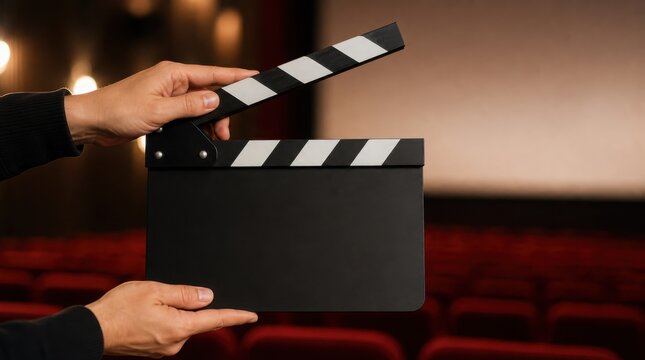 A person holds a black and white film clapperboard in a dimly lit movie theater with red seats in the background.