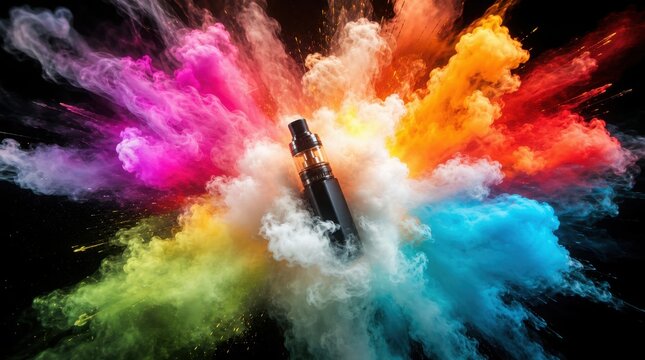 A vape device surrounded by vibrant colorful smoke clouds bursting in dynamic pink, orange, yellow, green, and blue shades on a black background.