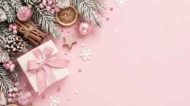 Christmas flat lay with a white gift box tied with pink ribbon, frosted fir branches, pinecones, cinnamon, dried orange slices and pink baubles on a pastel pink background with copy space