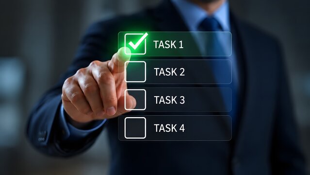 Businessman in a formal suit interacting with a futuristic holographic task list interface, selecting and checking off a completed item with a glowing green mark.