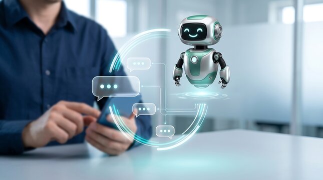 Business professional holding smartphone in bright office with hovering friendly 3d robot character and speech bubbles displaying chatbot interface for customer support and technology