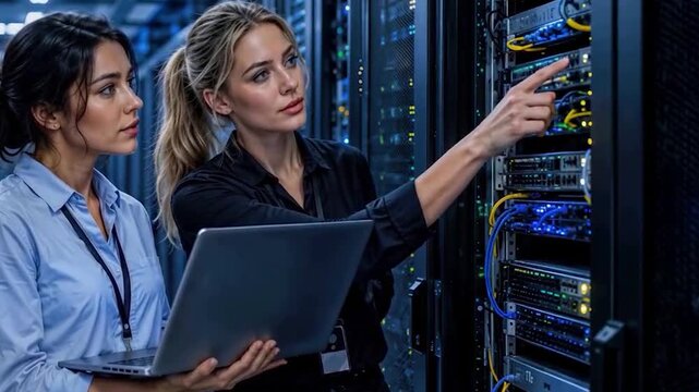 Two female IT engineers inspect server racks in a data center, one pointing at network hardware while the other holds a laptop during routine technical maintenance and equipment checks