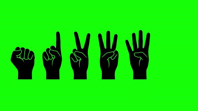 Hand gestures counting numbers zero to five sequential vector icon animation isolated on green screen background   