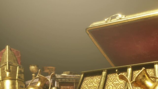 A collection of ancient gold artifacts lies within an open treasure chest, glowing softly in a dimly lit room. Surrounding objects hint at a rich history of exploration and adventure.