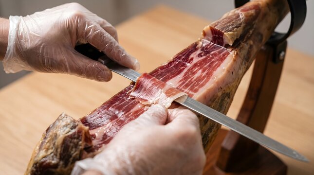 Hands in gloves carving thin slices of Spanish jamon iberico with a sharp knife on a wooden stand for gourmet dining and authentic Mediterranean culinary experience.