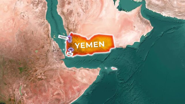 Animated map of Yemen highlighting Hajjah and Ibb provinces