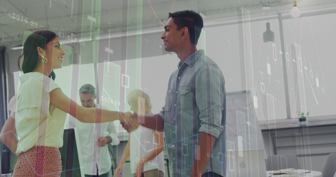 Image of multiple graphs and changing numbers, diverse coworkers shaking hands in office