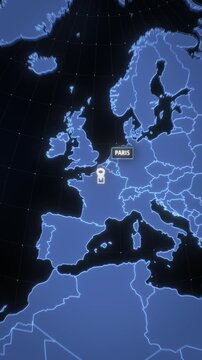 Animated zoom from a holographic blue globe to Paris with a location pin, animated rectangle highlight and text label, a vertical futuristic digital map graphic for news, travel and business.

