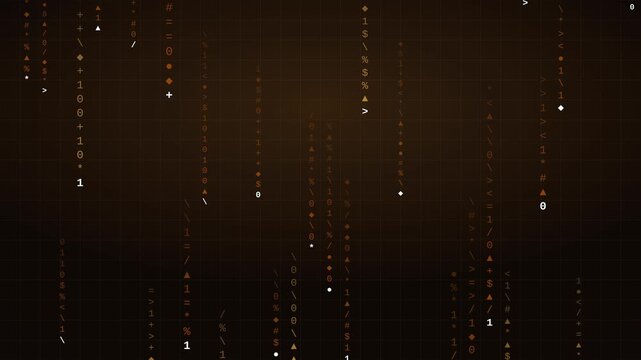 4K digital code rain background with cascading numbers and code columns, bronze and black luxury interface