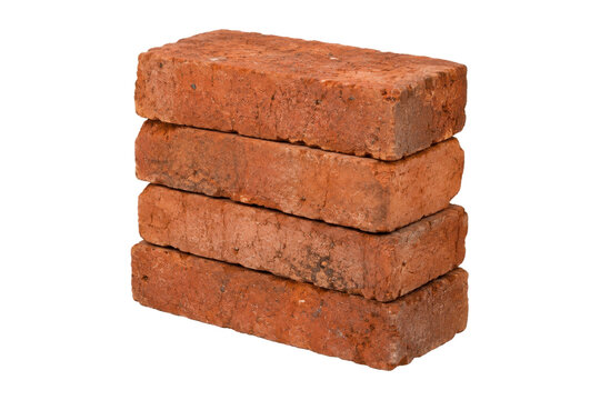 Four stacked weathered red clay bricks with rough textures and visible imperfections, isolated on a clean white background