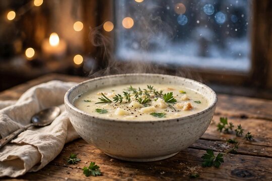 Steaming bowl of creamy winter soup with herbs on rustic table