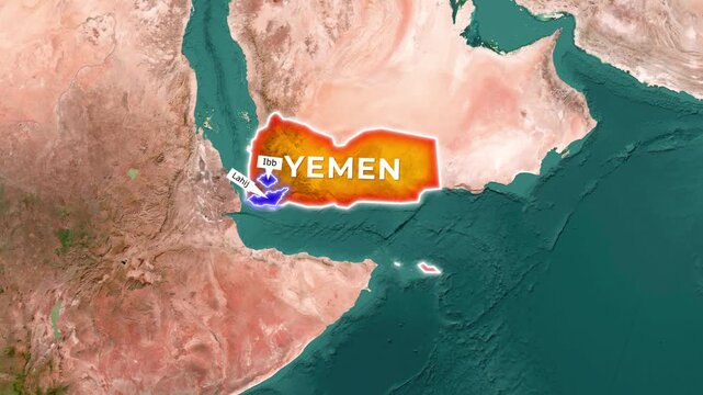 Dynamic 3D map of Yemen zooming in on specific regions, Ibb and Lahij