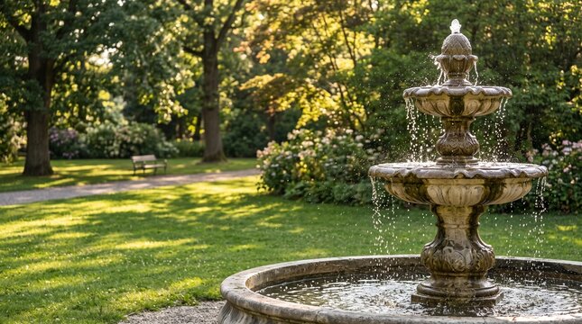 Classic stone fountain in a sunny park garden